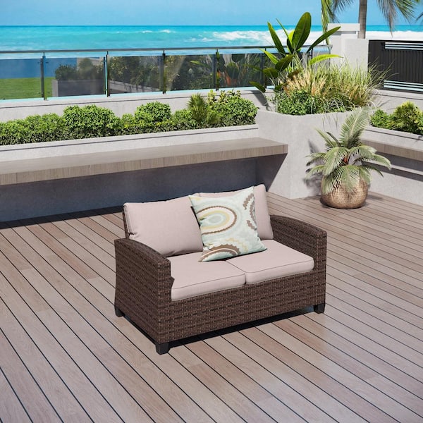 PHI VILLA Dark Brown Rattan Wicker Outdoor Patio Loveseat with Beige Cushions DOLPV 064 BE