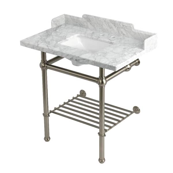 Kingston Brass Pemberton 36 in. Marble Console Sink with Brass Legs in Marble White/Brushed Nickel