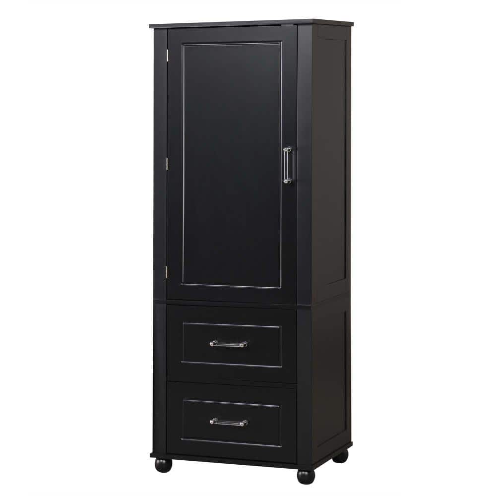 23 in. W x 16 in. D x 61 in. H Linen Cabinet, Tall Bathroom Storage Cabinet with 2 Drawers, Adjustable Shelf, Black