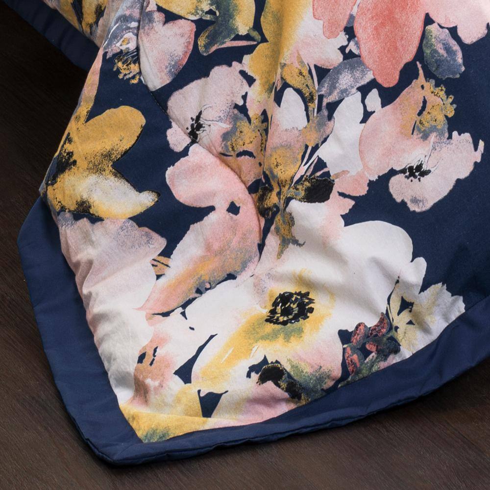King Blue Floral Watercolor Cotton Reversible Comforter Set