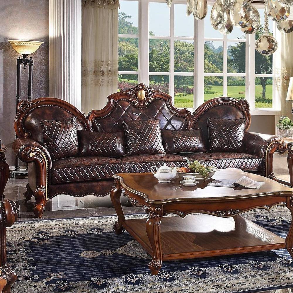 Vintage Cherry Oak Faux Leather Tufted Sofa with Nailhead Trim