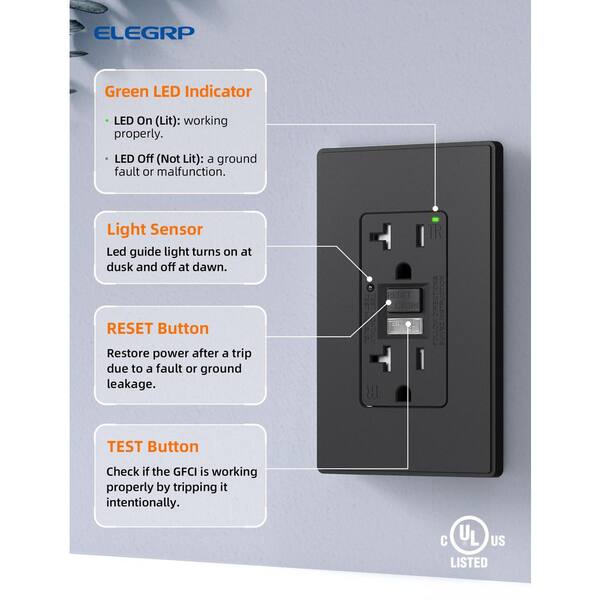 SURAIELEC 20Amp GFCI Outlet With Built-in Nightlight – Dusk-to-Dawn Sensor, 6000K Cool White LED, Tamper-Resistant, ETL Listed, Screwless Wall Plate, White, 1-Pack
