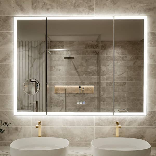 48 in. W x 36 in. H Rectangular Framed Tri-Fold LED Dimmable Defog Wall Bathroom Vanity Mirror in Silver with Magnifier