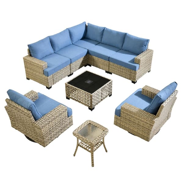 Lauren 9-Piece Wicker Patio Conversation Seating Sofa Set with Blue Cushions and Swivel Rocking Chairs
