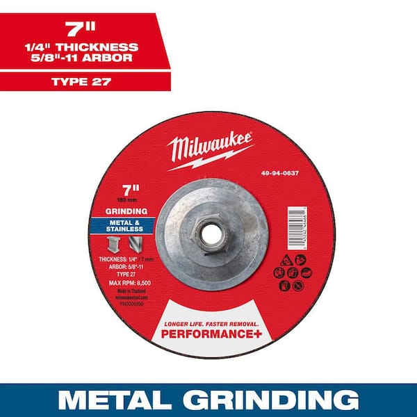 7 in. x 1/4 in. x 5/8 in.-11 Performance Plus Metal Grinding Wheel - Type 27