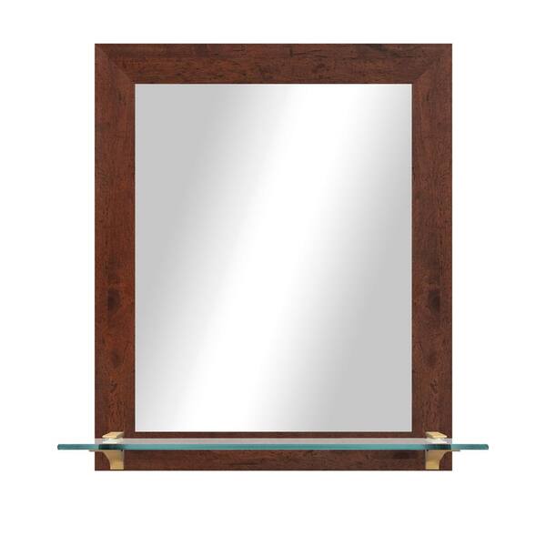 Unbranded 21.5 in. W x 25.5 in. H Rectangle Dark Walnut Vertical Framed Mirror With Tempered Glass Shelf/Bronze Bracket