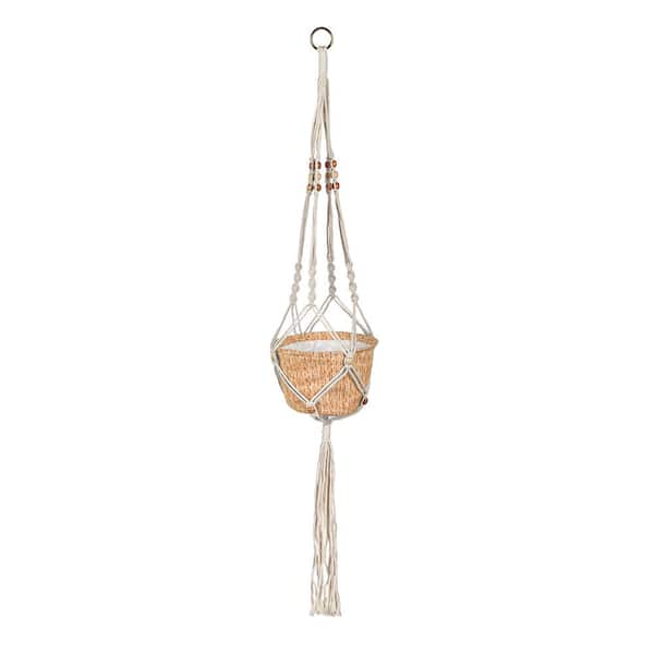 Evergreen 7 in. Ochre Olivia Fabric Hanging Basket Planter with Macrame Holder