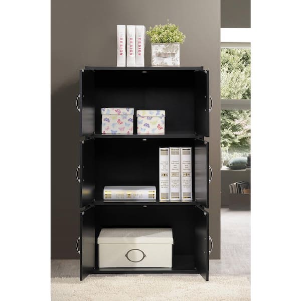 HODEDAH 41 in. Black Wood 3-shelf Standard Bookcase with Doors