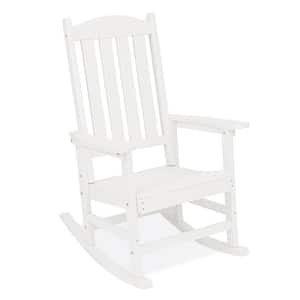 White Plastic Adirondack Outdoor Rocking Chair with High Back, Porch Rocker for Backyard