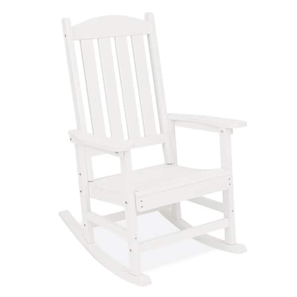 LUE BONA White Plastic Adirondack Outdoor Rocking Chair with High Back, Porch Rocker for Backyard
