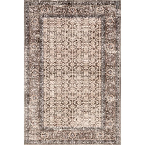 nuLOOM Kit Botanical Spill-Proof Machine Washable Beige 9 ft. x 12 ft. Area Rug