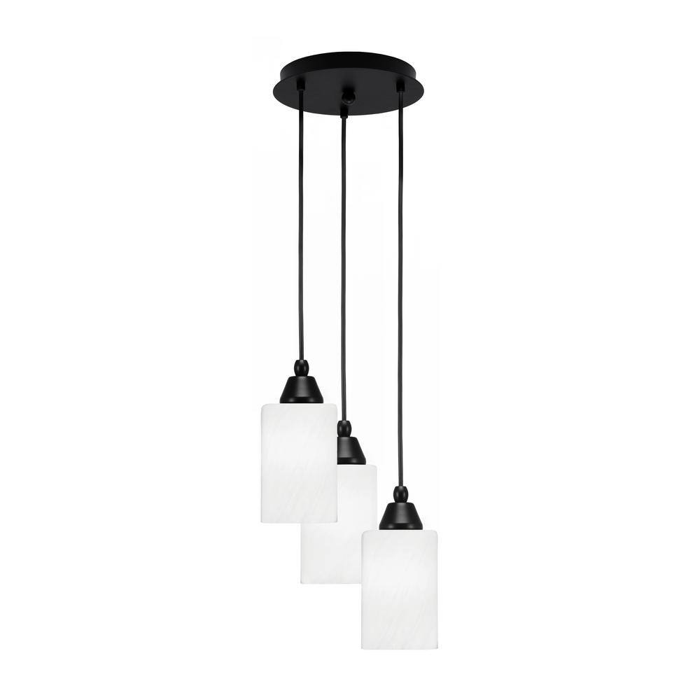 Savannah 10 in. 3-Light Matte Black Cord Pendant Light White Marble Glass S