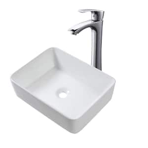19 in. x 15 in. White Rectangular Ceramic Vessel Sink with Chrome Bathroom Faucet Combo