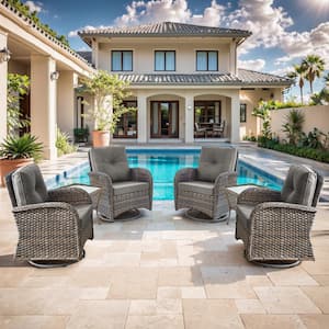 Brown 6-Piece Wicker Outdoor Swivel Rockers Patio Conversation Set with Gray Cushions and Side Tables