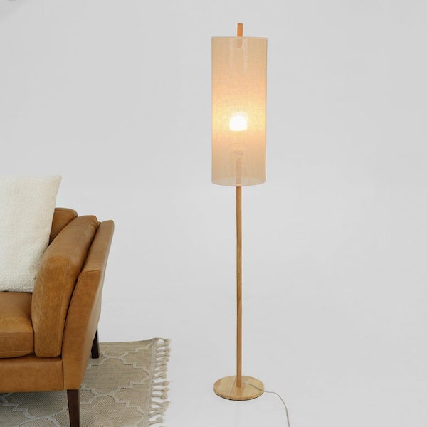 26 in. H Brown Wood Standard Floor Lamp with Fabric Drum Shade
