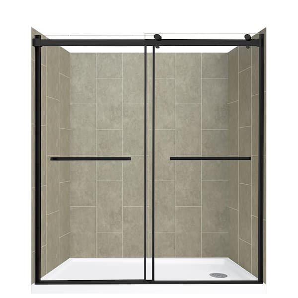 CRAFT + MAIN Lagoon Double Roller 60 in L x 30 in W x 78 in H Right Drain Alcove Shower Stall Kit in Shale and Matte Black Hardware