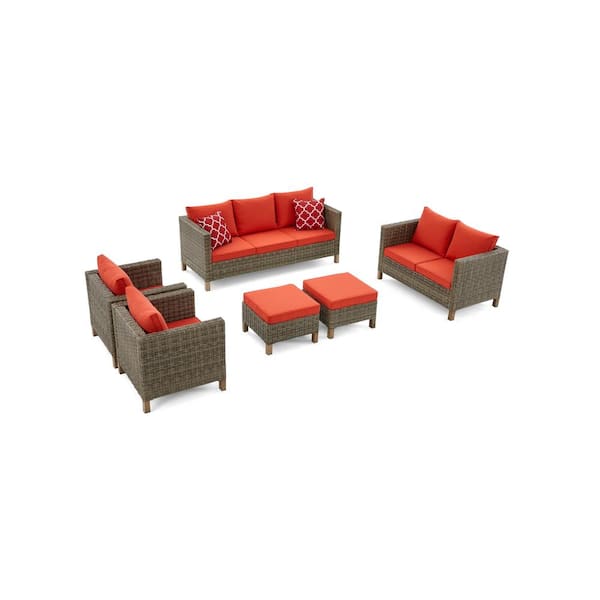6-Piece Wicker Patio Conversation Set with Orange Cushions