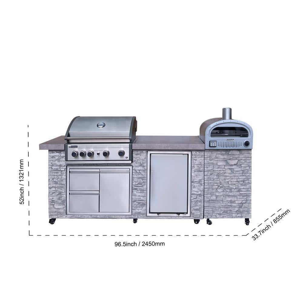 96 Inch Gray Stone Stainless Steel Propane Grill Island with Rotisserie
