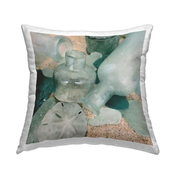 Stupell Industries Beach Seaglass and Bottles Green Abstract Polyester 18 in. x 18 in. Throw Pillow
