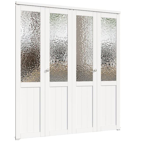 72 in. x 80 in. 1/2 Lite Tempered Kasumi Ripple Glass Solid Core White Finished Glass Closet Bifold Door with Hardware
