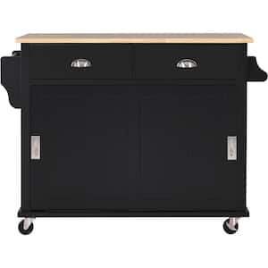 Oasis Black Wood 52.2 in. Kitchen Island with Storage Cabinet and 2-Drawers