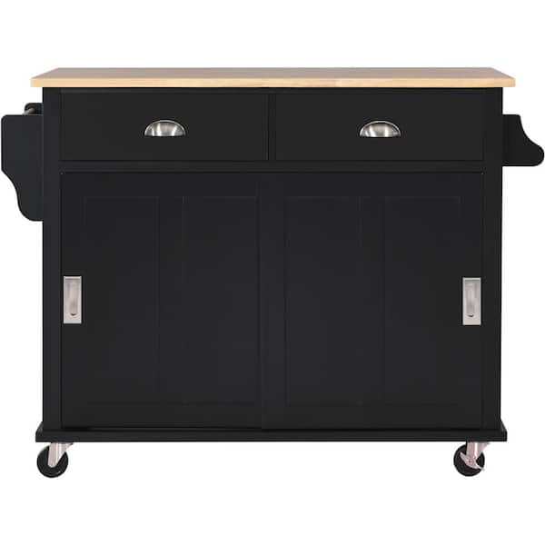 Oasis Black Wood 52.2 in. Kitchen Island with Storage Cabinet and 2-Drawers