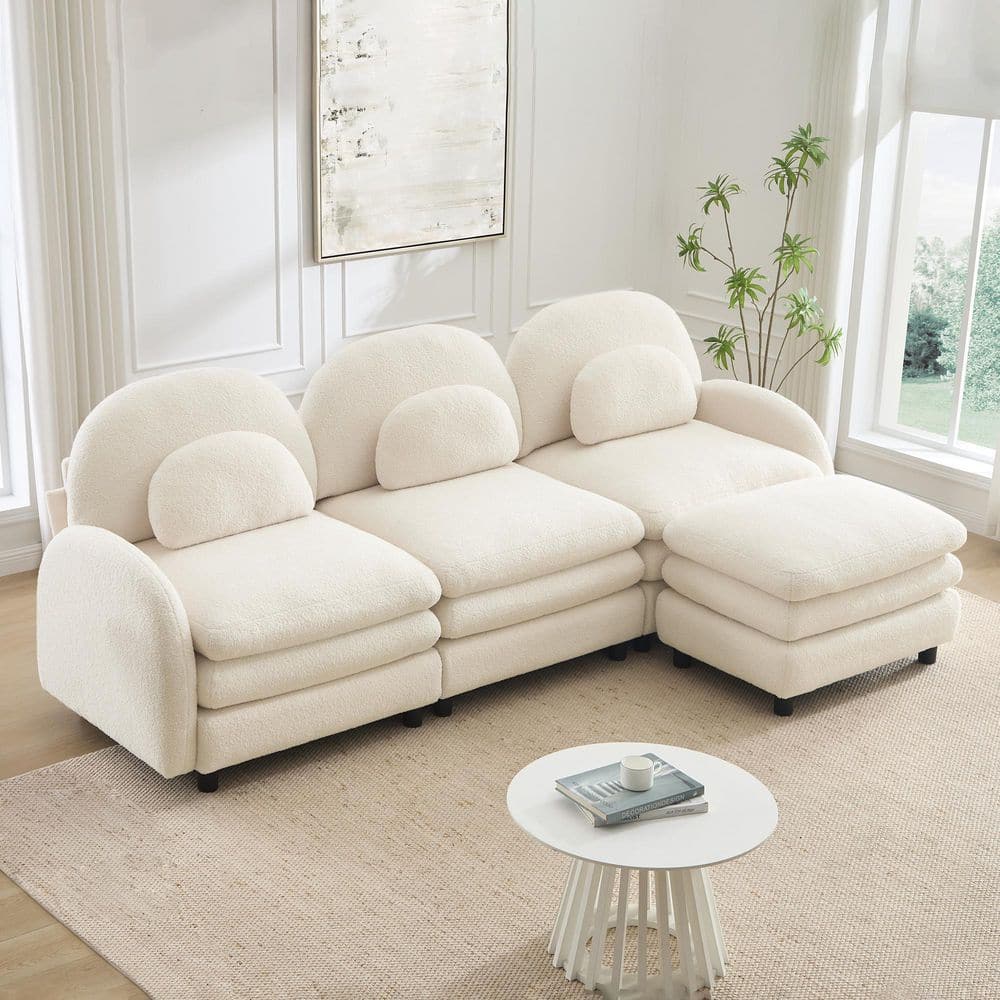 Alda 98.2 in. Flared Arms Fabric L-Shaped Sectional Sofa in Beige, Curved Backrest, Curved Lumbar Pillows, 1 Ottoman