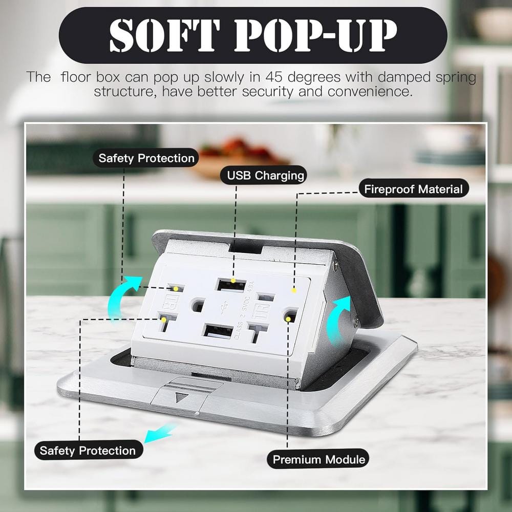 Silver 20A Tamper Resistant Pop-Up Floor Outlet Kit with USB Ports
