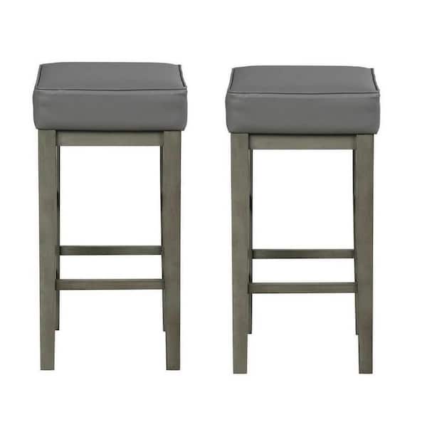 EVERGLADE HOME Kinsale 30.5 in. Antique Gray Backless Wood Frame Square Bar Stool with Gray Faux Leather Seat (Set of 2)