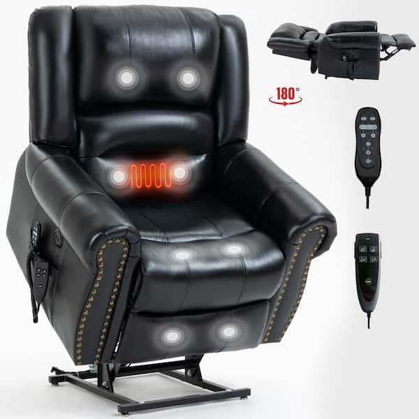 sumyeg 40 in. W Black Faux Leather Power Lift Recliner Chair with Massage, Heating and USB Charge Port