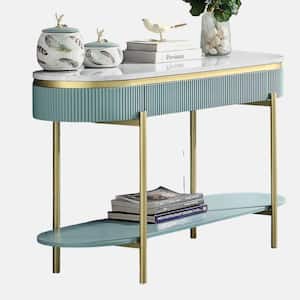 48 in. Teal Oval Faux Marble Top Console Table