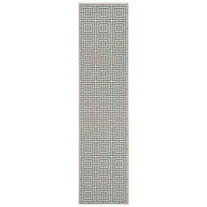 Linden Cream/Blue 2 ft. x 8 ft. Geometric Interlaced Squares Runner Rug