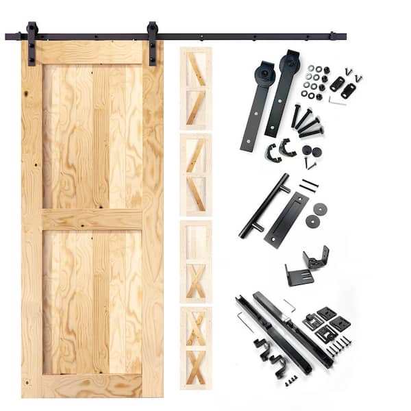 HOMACER 34 in. x 80 in. 5 in. 1 Design Unfinished Frame Solid Pine Wood Interior Sliding Barn Door Hardware Kit, Non-Bypass