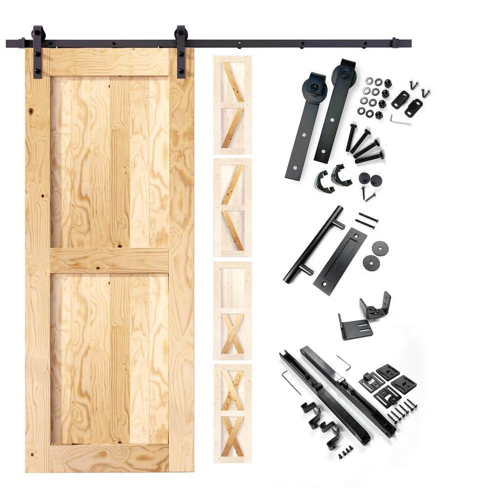 Homacer 84in/80in High Paneled Wood Unfinished Barn Door With Installation Hardware Kit, Door Handle And Soft Close
