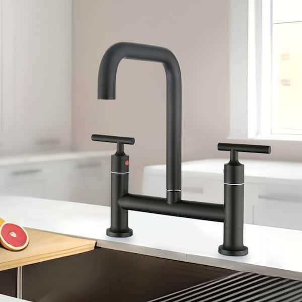 UPIKER Double-Handle Bridge Kitchen Faucet in Matte Black