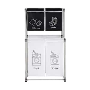 Anky Black/White Fabric and Aluminum Laundry Hamper Basket, 2-Tier with Removable 4 Bag Laundry Sorter