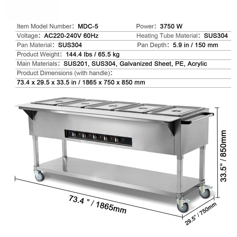 Stainless Steel 5-Pan Commercial Electric Food Warmer with Wheels