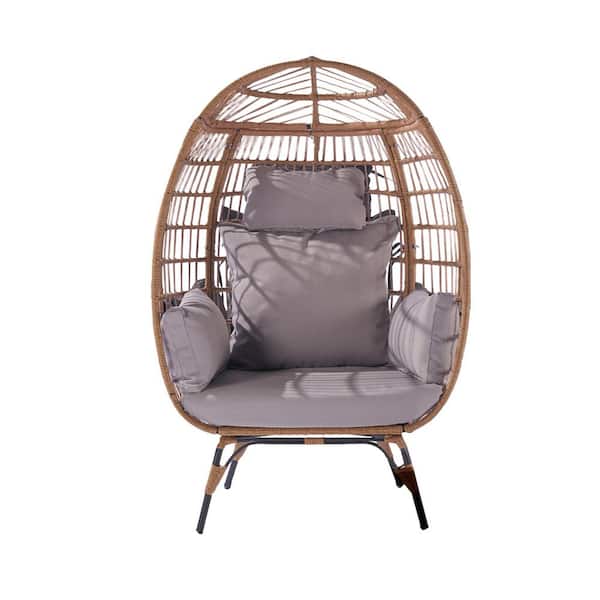 GAWEZA Oversized Metal Frame Indoor Outdoor Egg Lounge Chair with Light Gray Cushions PE Rattan Patio Chair