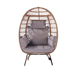 Oversized Metal Frame Indoor Outdoor Egg Lounge Chair with Light Gray Cushions PE Rattan Patio Chair