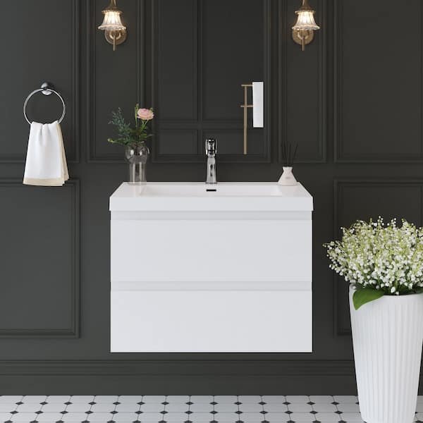 FAMYYT Luxe Aura 30 in. W x 20 in. D x 22.5 in. H Single Sink Floating Bath Vanity in White with White Resin Top