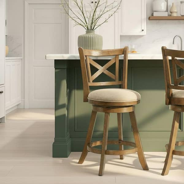 Kodi 38 in. H Swivel Wood Counter Height Bar Stool in Sepia Brown Finish with Grey Fabric Upholstered Seat - Set of 4