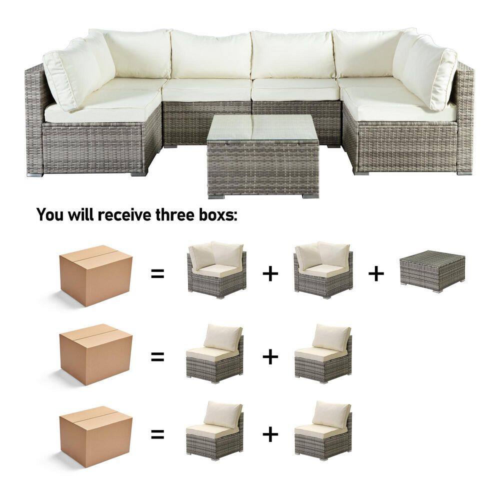 JUSKYS All-Weather 7-Piece Gray PE Wicker Patio Conversation Set with Off-White Cushions - 2