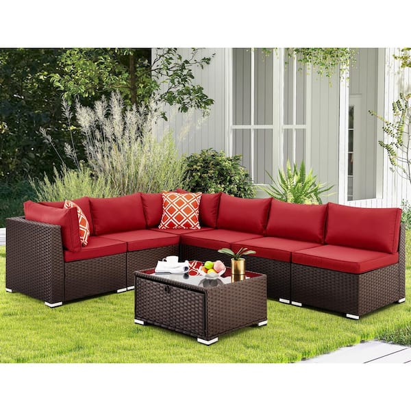 Zeus & Ruta 7-Piece PE Wicker Outdoor Sofa Sectional Set Conversation Set with Burgundy Cushions