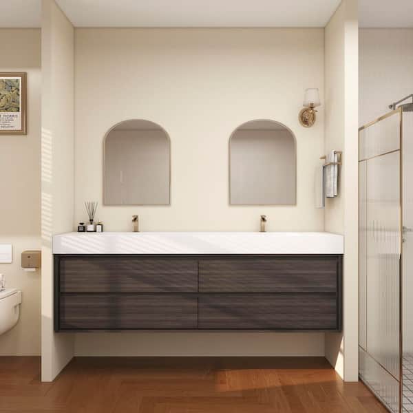 BV Better Vanity Saggie 84 in. W. x 20 in. D x 28 in. H Double Sink Floating Bath Vanity in Dark Gray Oak with White Acrylic Top