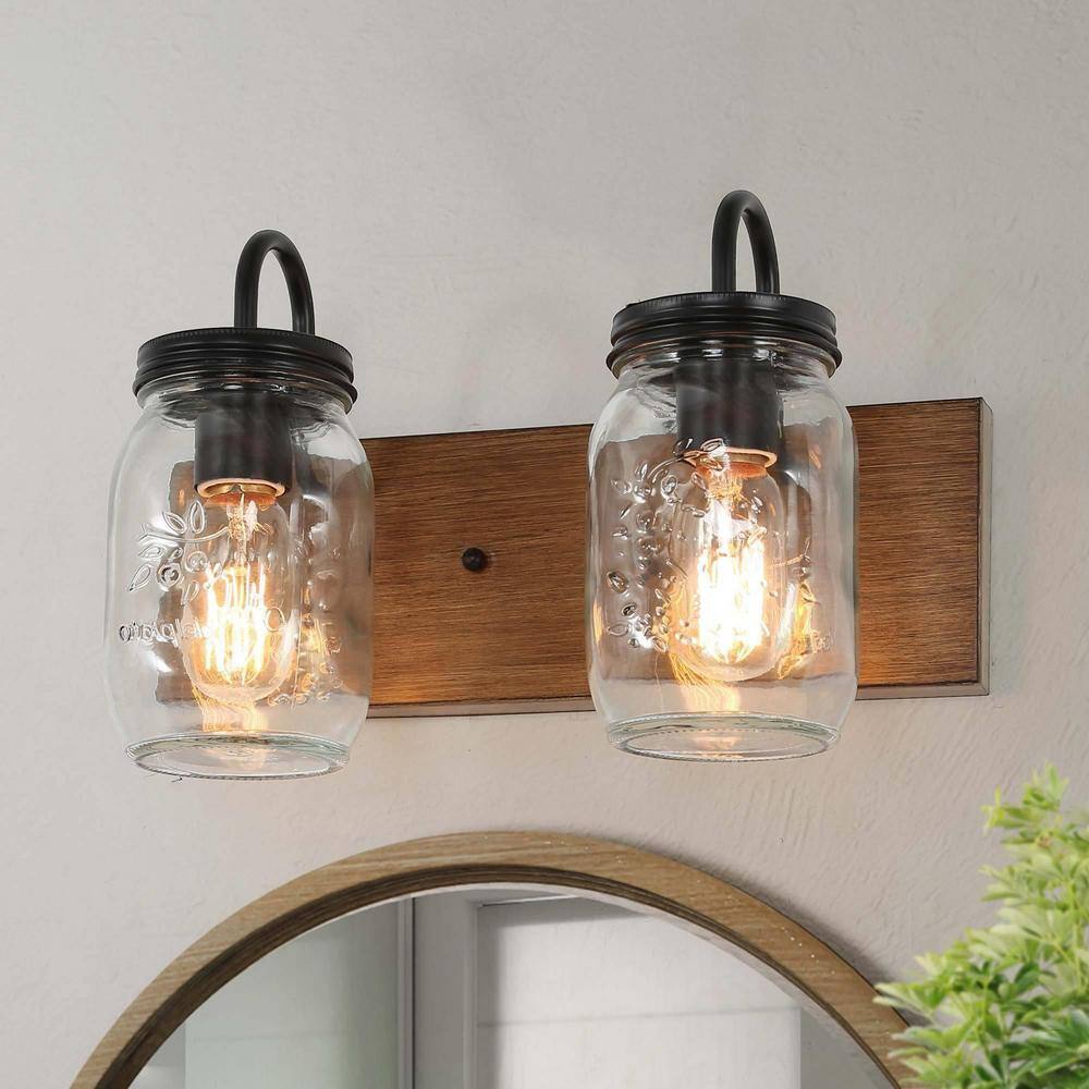 LNC Modern Farmhouse OilRubbed Bronze Vanity Light with Mason Jar Glass Shades Rustic Faux Wood