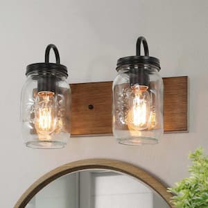 Modern Farmhouse Oil-Rubbed Bronze Vanity Light with Mason Jar Glass Shades Rustic Faux Wood Accents Wall Mount Sconce