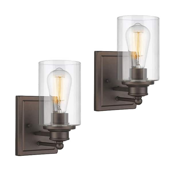 JAZAVA Farmhouse 6.4 in. 1-Light Oil-Rubbed Bronze Bathroom Vanity Light with Clear Glass Shades 2-Pack