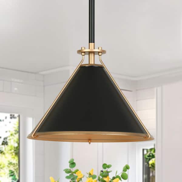 Zevni Mid-Century Modern 1-light Matte Black and Dark Gold Pendant Light with Cone Shade, Hanging Lamp for Kitchen Island