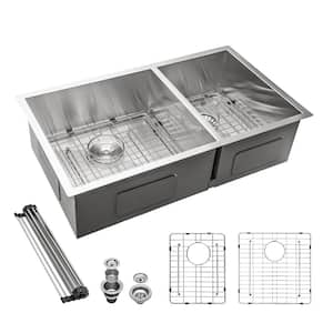 32 in. Undermount Double Bowl Kitchen Sink 60/40 18 Gauge Stainless Steel Offset Drain with 9 Inch Deep Double Bowl Sink