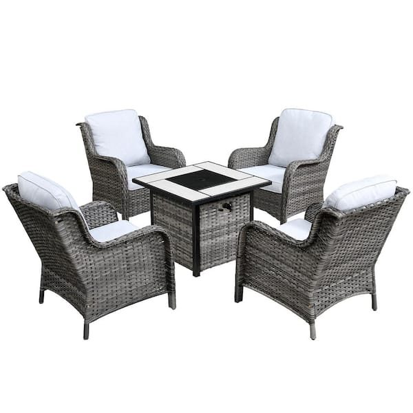 XIZZI Erie Lake Gray 5-Piece Wicker Outdoor Patio Fire Pit Seating Sofa Set and with Gray Cushions